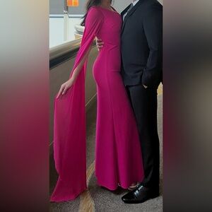 Rickie Freeman for Teri Jon Pink Scuba Evening Dress w/ cape sleeve.